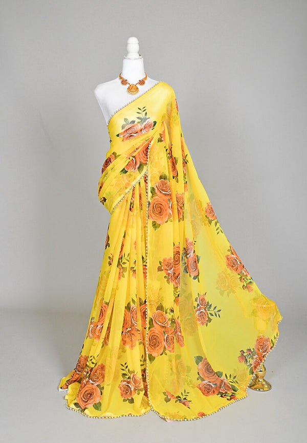 Yellow Pearl-Georgette Floral North Saree
