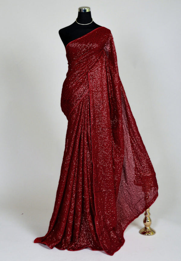 Maroon Full Sequin Stitched Georgette North Saree.