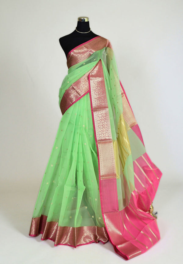 Mint-Pink Soft Organza Banarasi Saree