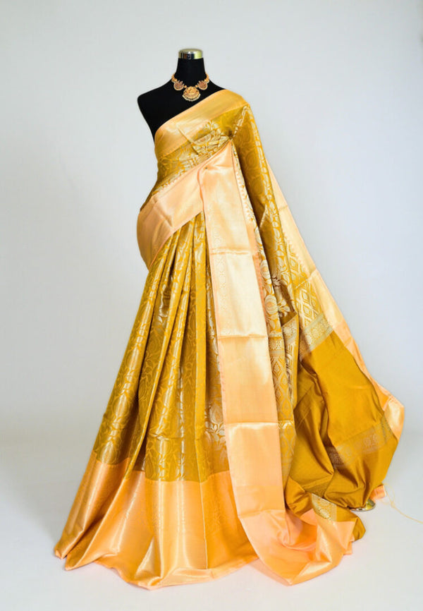Mustard-Silver Silk Tanchui Floral Body Banarasi Saree