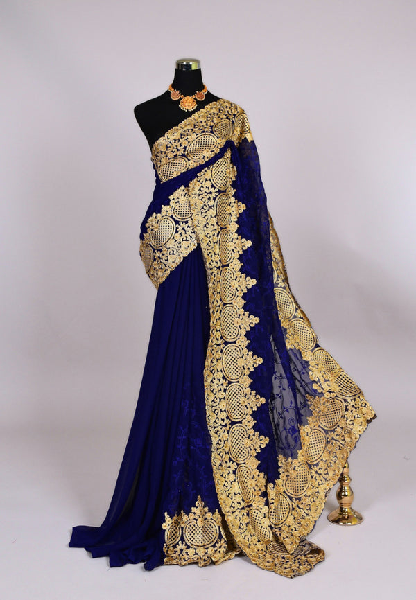 Navy-Blue Georgette Heavy Embroidered Floral Body North Saree