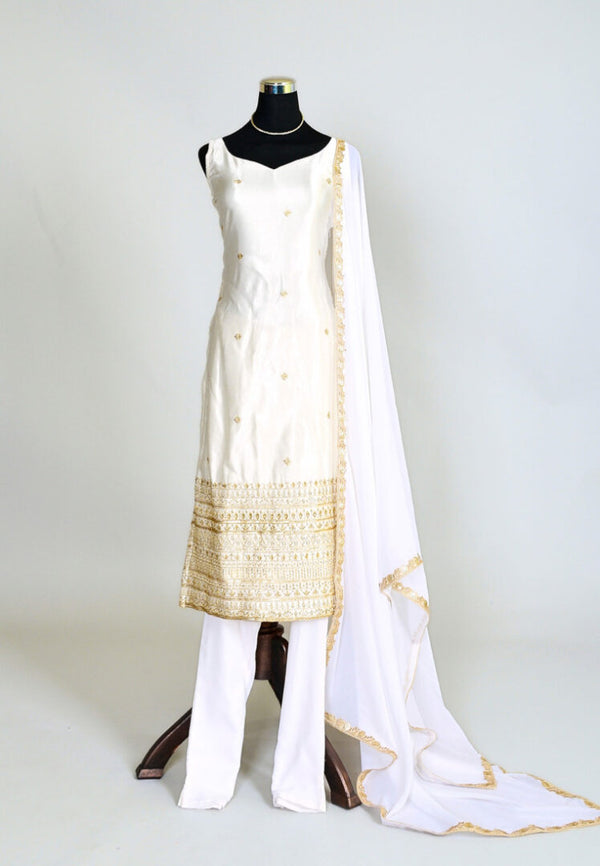 Off-White Art-Silk Embroidered Kurti With Pants And Dupatta