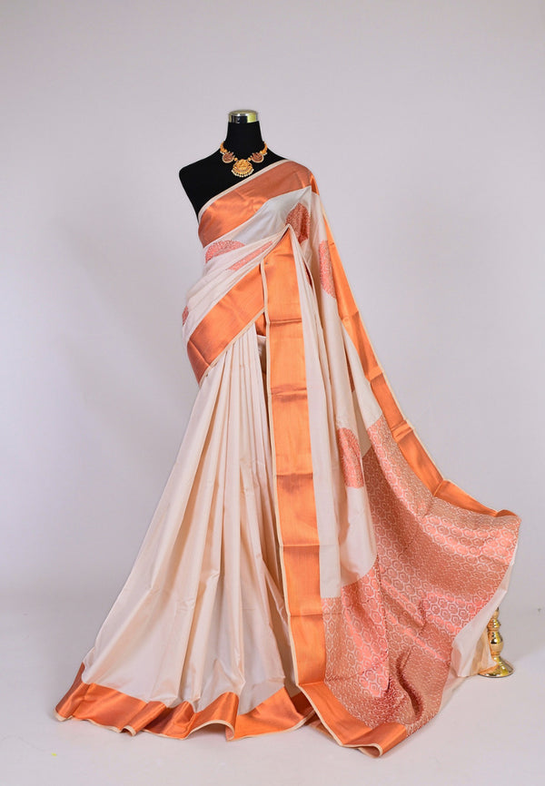 Off-White Rich Soft Silk Mandala Woven South Saree.
