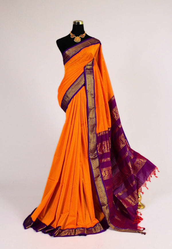 Orange-Purple Silk Cotton Gadwal South Saree