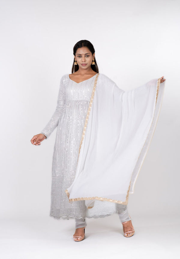 White Sequin-Embroidered Anarkali Kurti With Pants & Dupatta