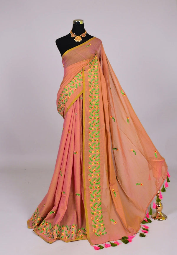 Peach Green Handspun-Pure-Cotton Floral Embroidery Bengal Saree