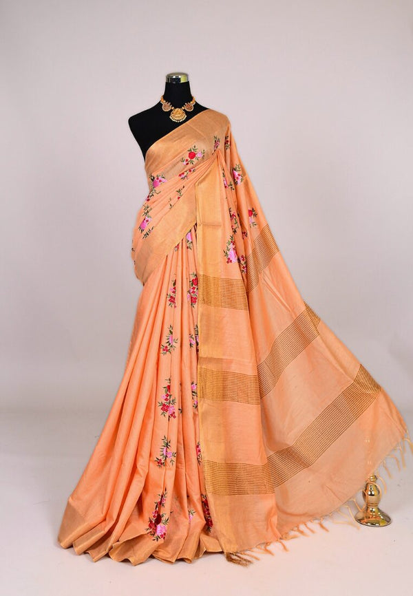 Peach Kota-Silk Floral Embroidery Patta Border Bengal Saree