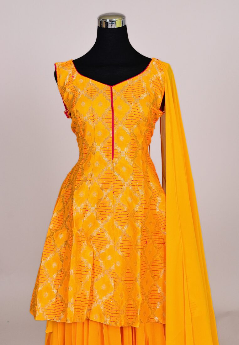 Yellow Cotton Blend Jacquard Kurti Set