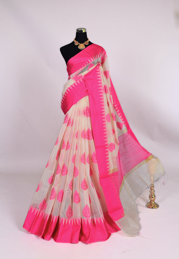 Pink-Cream Silk Cotton Resham Butta Banarasi Saree.
