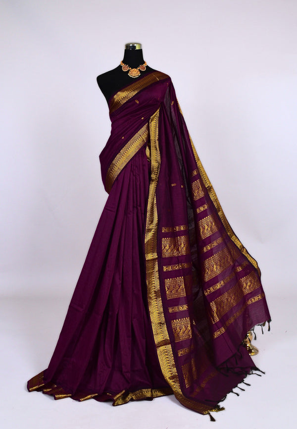 Purple-Wine Gold Silk Cotton Zari Butti Gadwal South Saree