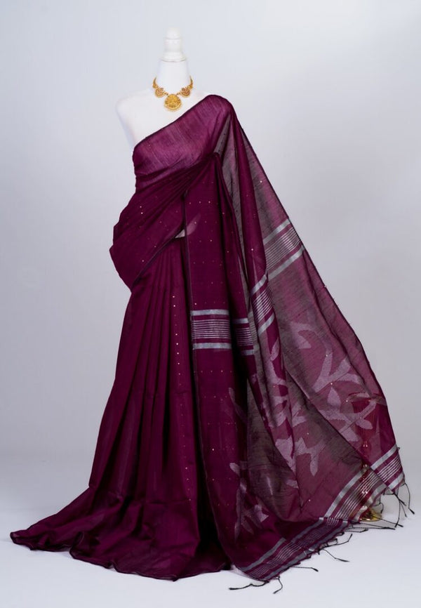Purple-Wine Handloom Silk-Cotton Bengal Saree