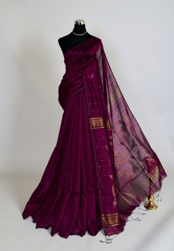Purple-Wine Handloom Silk Cotton Sequin Pallu Bengal Saree