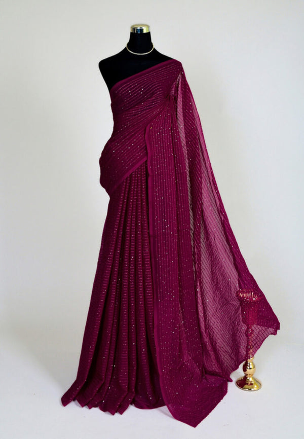 Purple-Wine Sequin Stitched Georgette North Saree