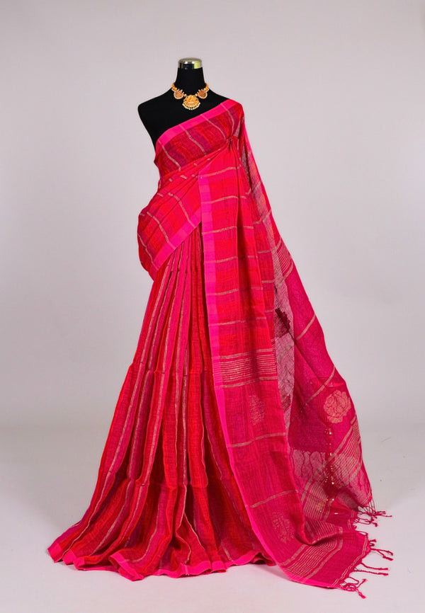Rani-Pink Handloom Linen Striped Body Rose Pallu Bengal Saree