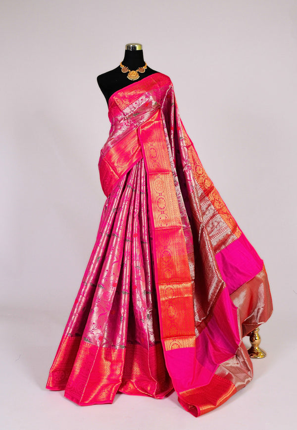 Rani-Pink Premium Tissue Soft Silk Zari Meenakari Banarasi Saree