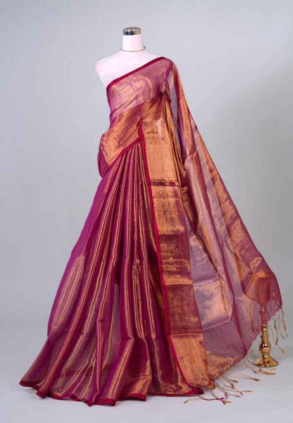 Rose-Gold Plain Tissue-Cotton Handloom Bengal Saree