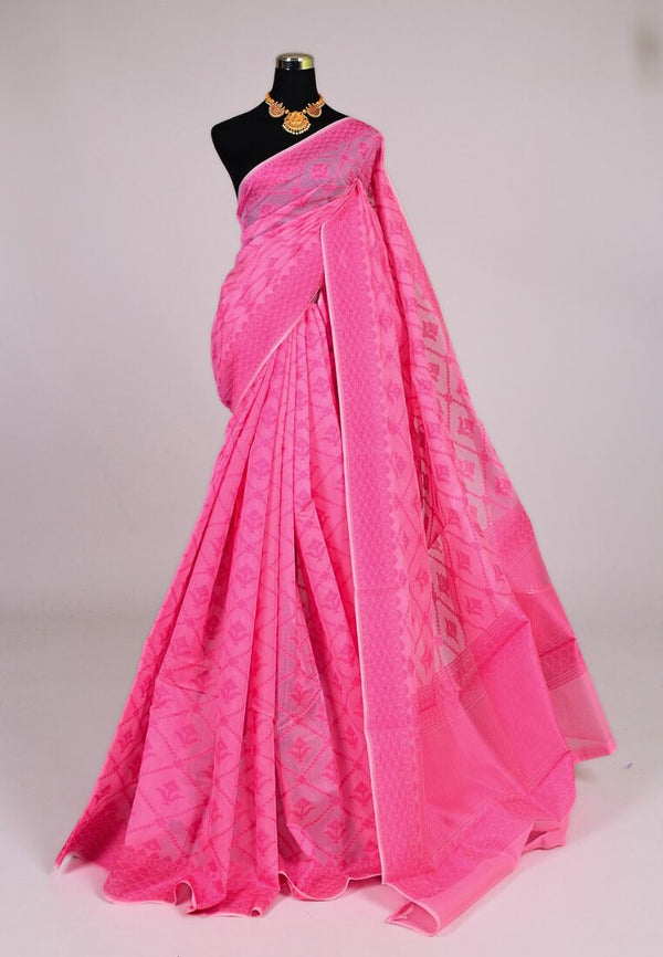 Rose-Pink Silk-Cotton Patola Design Thread-Woven Banarasi Saree