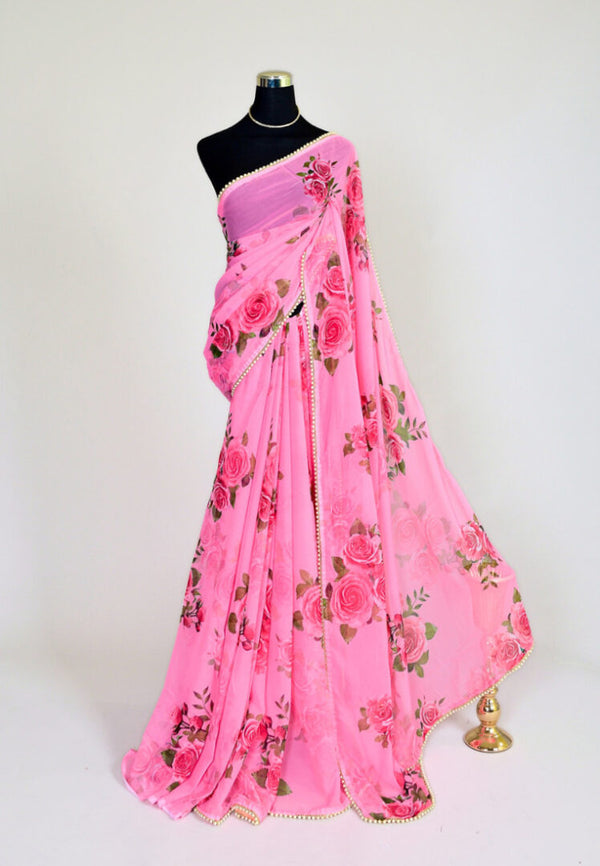 Rosy-Pink Pearl-Georgette Floral North Saree