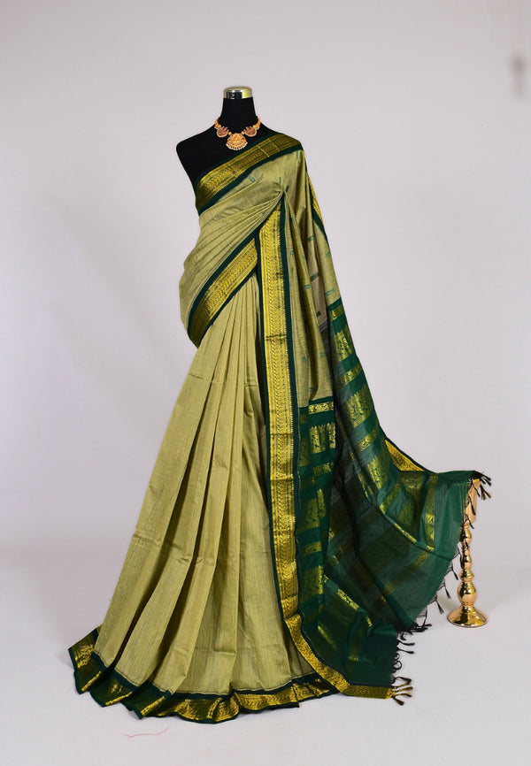 Sage-Green Cotton Silk Gadwal South Saree