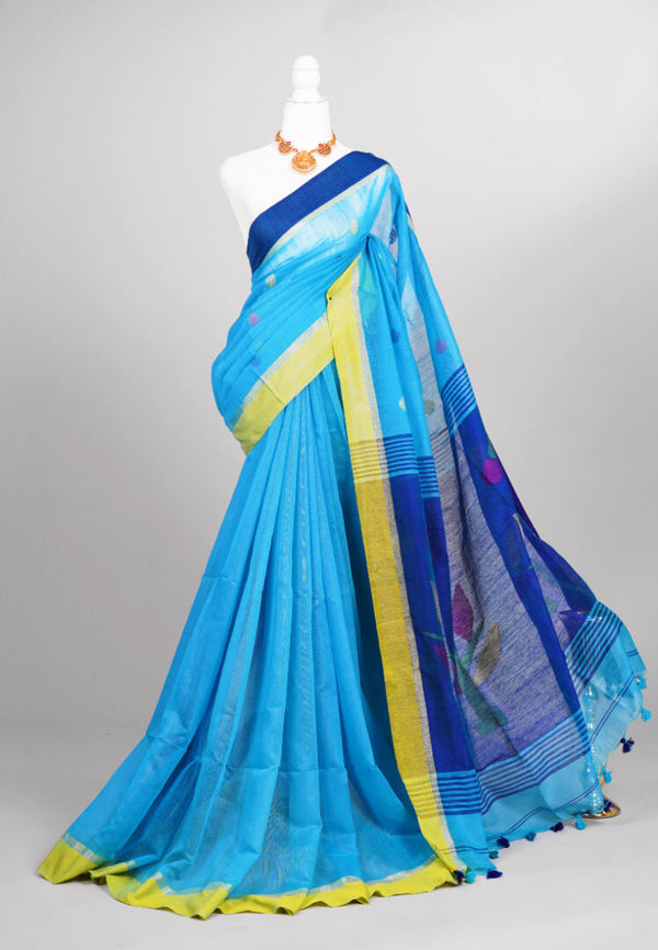 Sky-Blue Ball-Butta Handloom Silk Cotton Bengal Saree