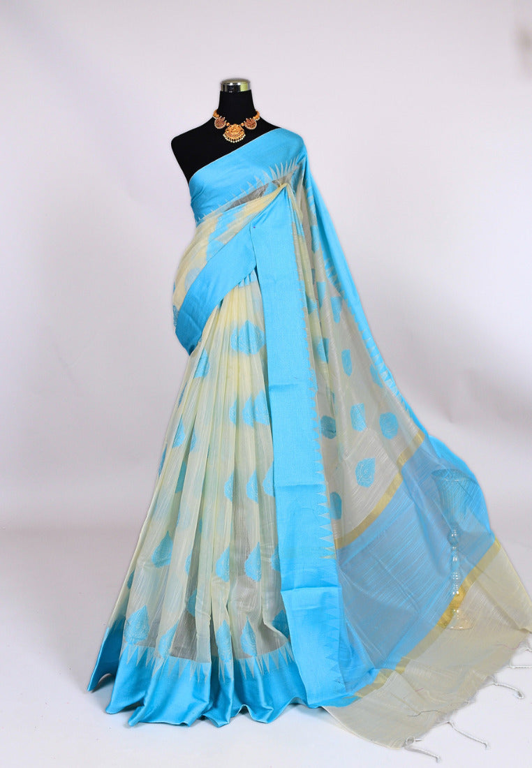 Sky-Blue Silk Cotton Resham Butta Banarasi Saree – Yeshan Sarees