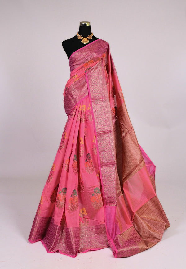 Soft-Pink Mercerised Cotton Floral Body Banarasi Saree