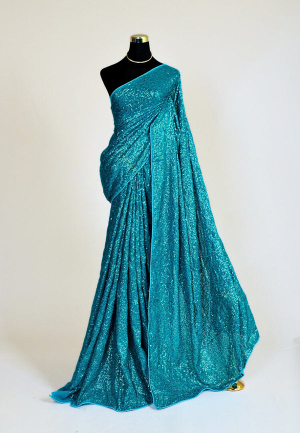 Turquoise Full Sequin-Stitched Georgette North Saree