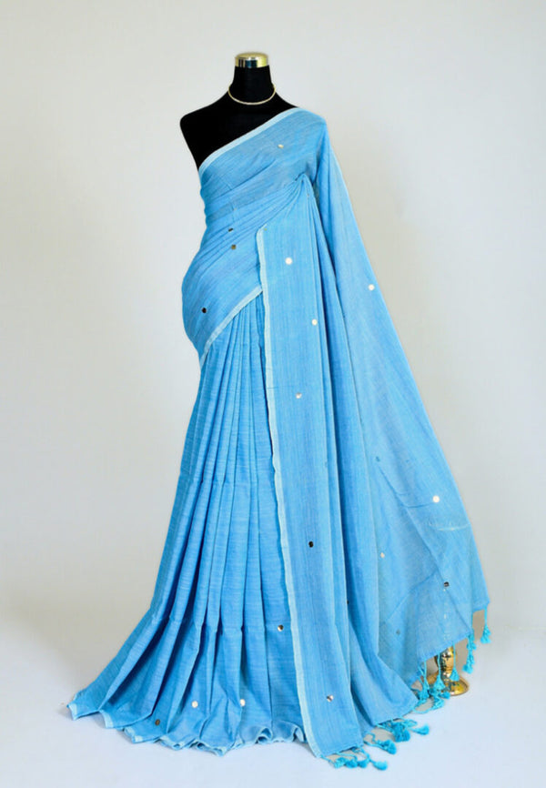 Turquoise Handloom Cotton Sequin Bengal Saree