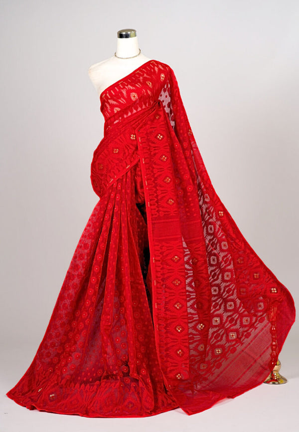 Blood-Red Jamdani-Like Cotton-Blend Bengal Saree