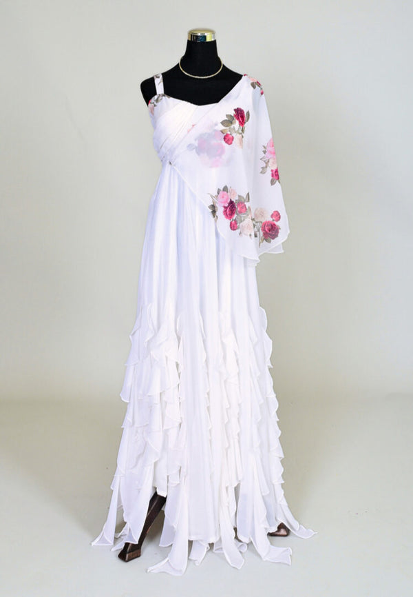 White Georgette Pleated-Frills Anarkali Kurti Dress
