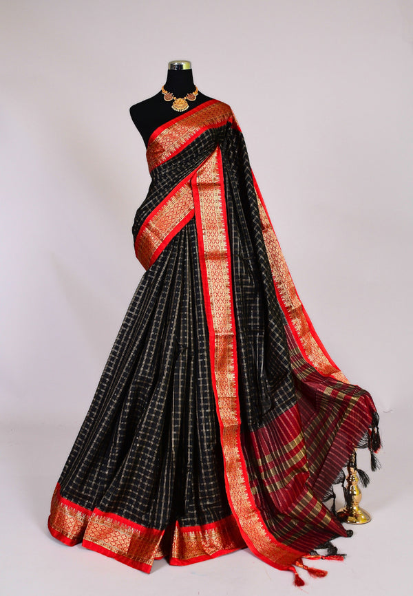 Black Red Silk-Cotton Checkered Body North Saree