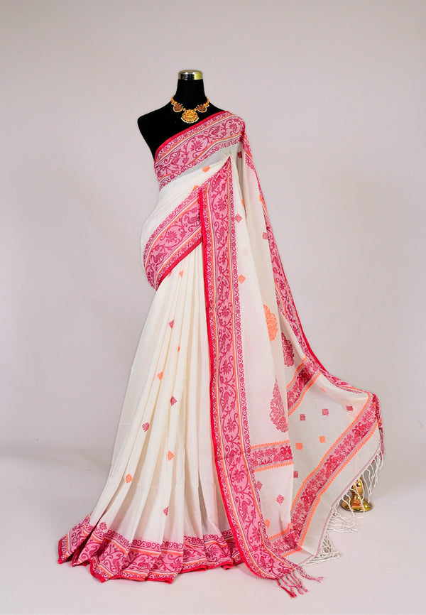 White Pink Handloom Mercerised-Cotton Bengal Saree