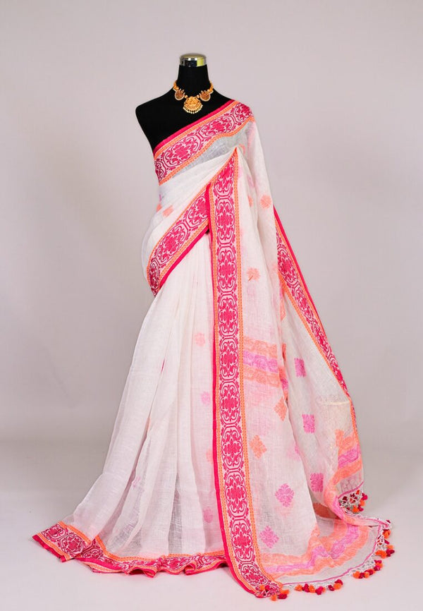 White-Red Thread-Woven Pure-Linen Handloom Bengal Saree