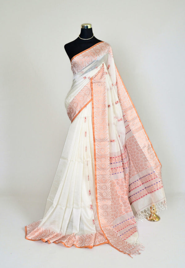 White Zari Butta Cotton-Silk Bengal Saree