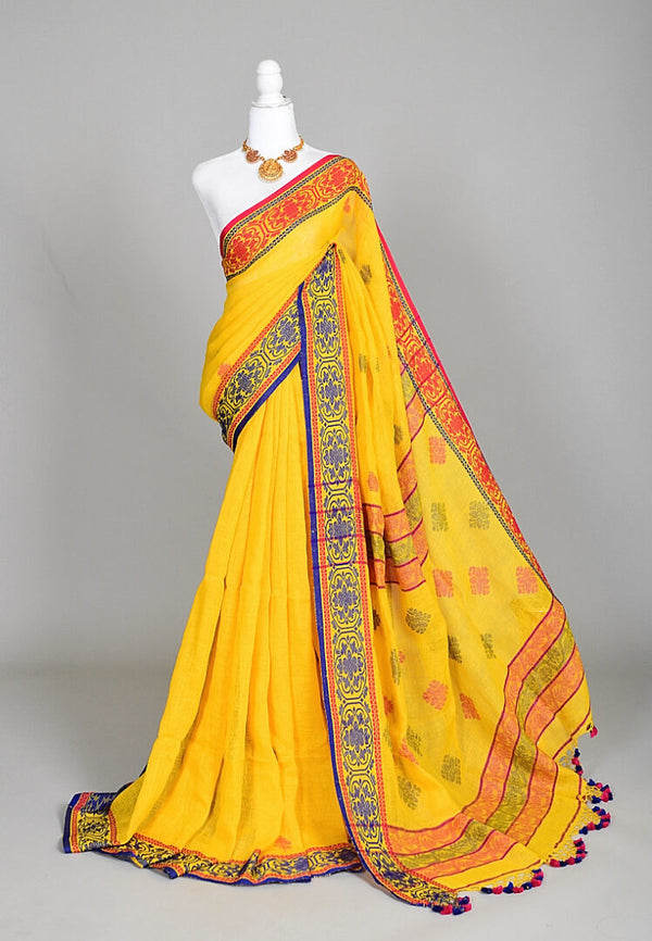 Yellow Thread-Woven Pure-Linen Handloom Bengal Saree