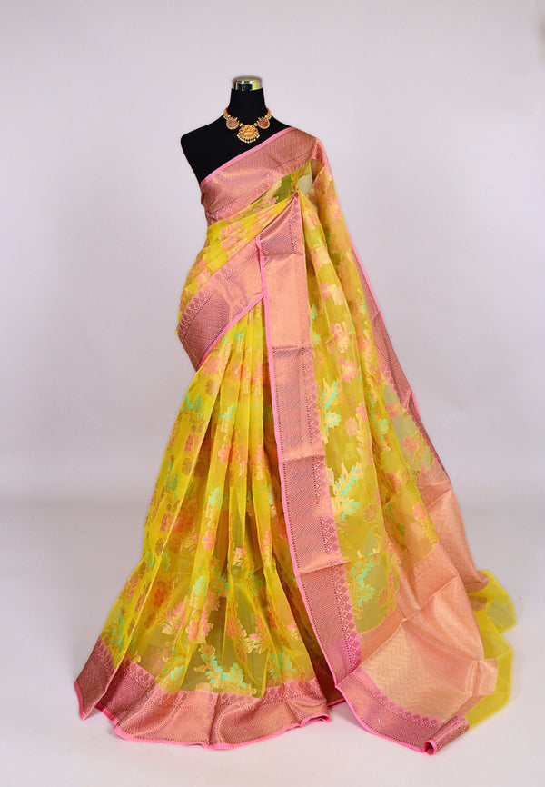 Yellow Baby-Pink Soft Kora Organza Meenakari Floral Banarasi Saree