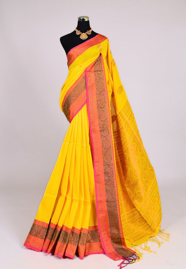 Yellow Pink Handloom-Linen Banarasi-Zari Woven Bengal Saree