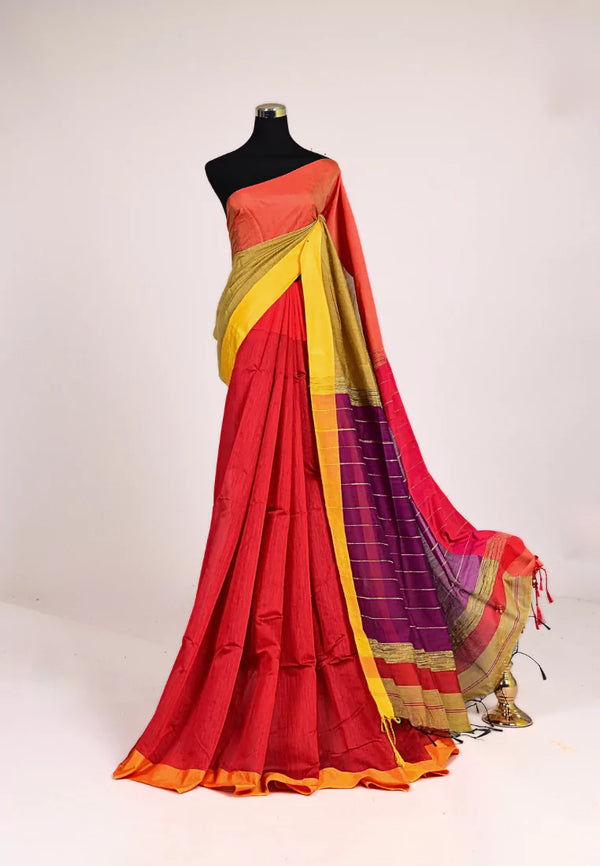 Beige Red Silk Cotton Multicolour Ghicha Pallu Bengal Saree