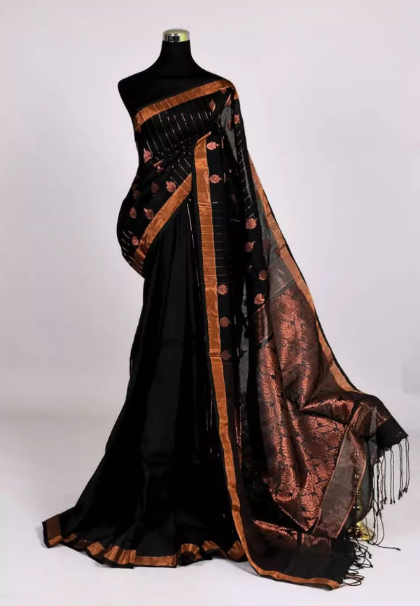 Black Copper Handloom Linen Striped Body Grand Pallu Bengal Saree
