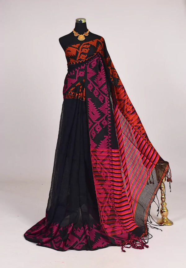 Black Handloom Silk Cotton Double Border Woven Bengal Saree
