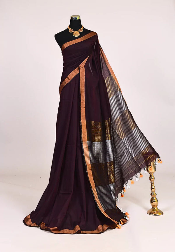 Brown Silk Cotton Striped Double Zari Pallu Plain Body Bengal Saree