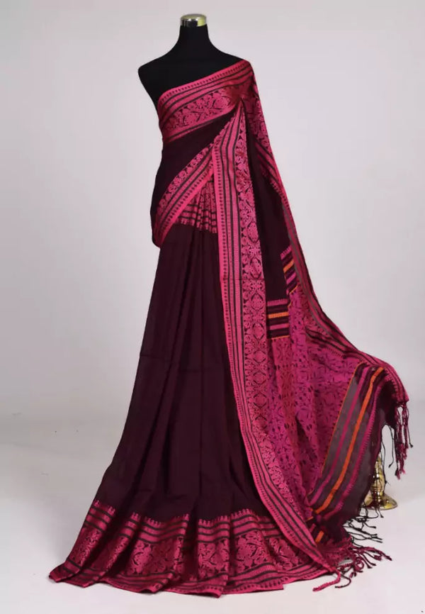 Burgundy Pink Handloom Mercerised Pure Cotton Thread Woven Pallu Bengal Saree