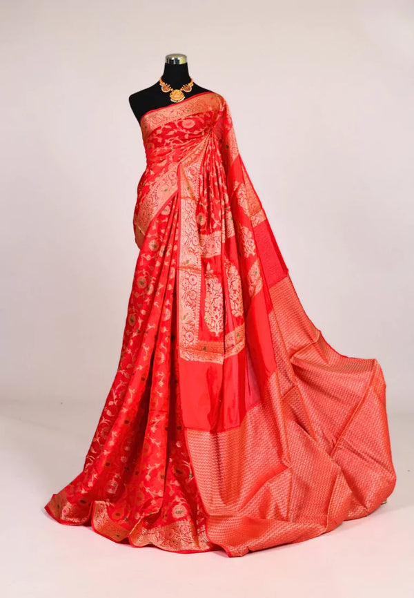 Chilli-Red Semi Georgette Jangla Floral Body Meenakari Design Banarasi Saree