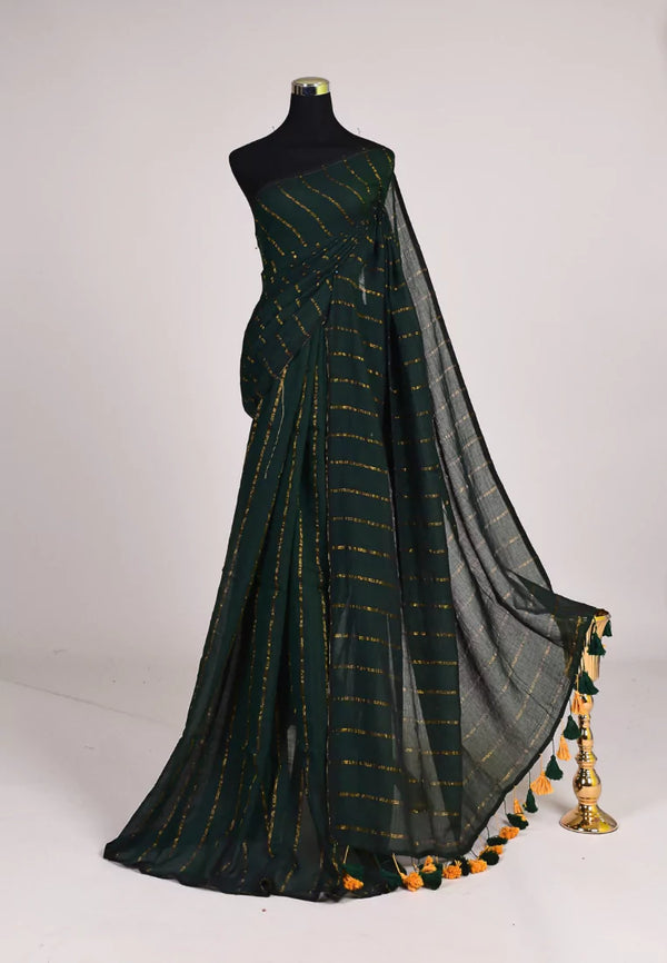 Dark-Green Handspun Pure Cotton Striped Zari Body Bengal Saree