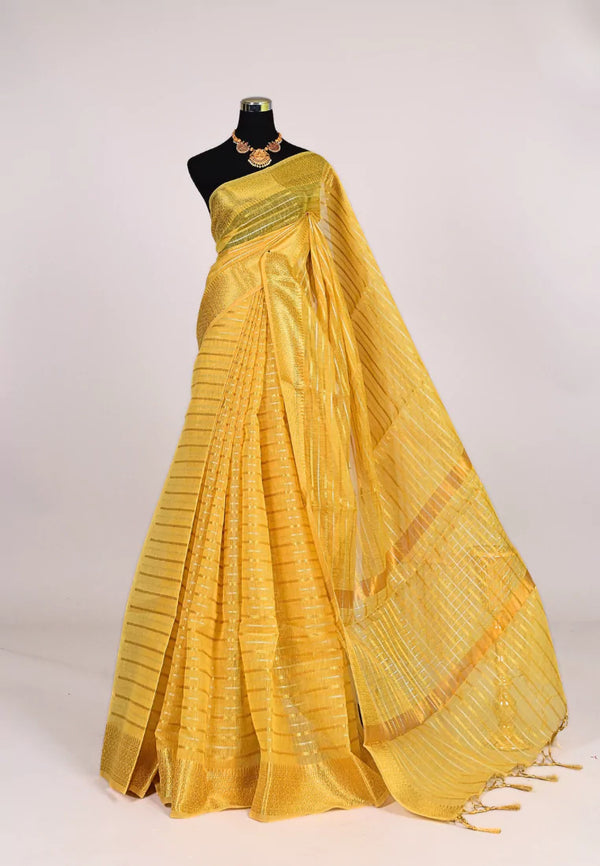 Gold Silver Silk Cotton Double Zari Grand Striped Body Banarasi Saree