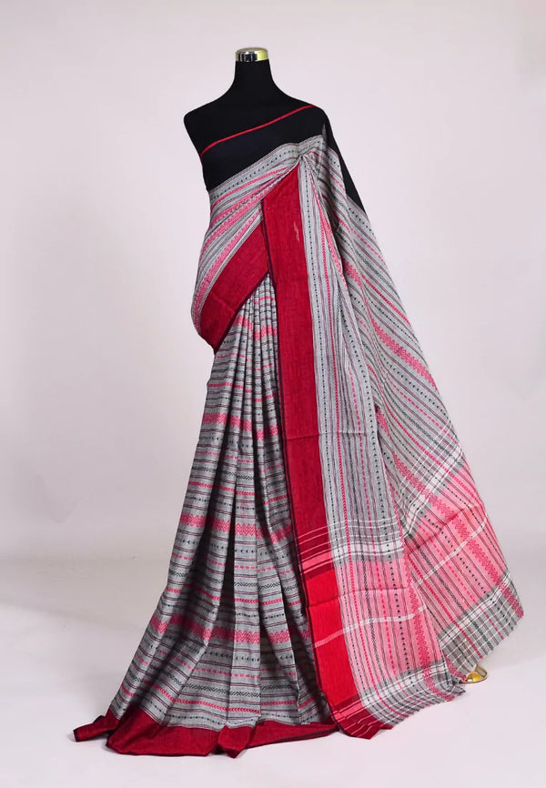 Grey Maroon Handloom Pure Cotton Striped Body Tribal Print Bengal Saree