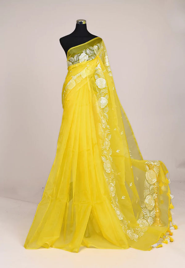 Lemon-Yellow Silk Organza Rose Embroidery Border Bengal Saree