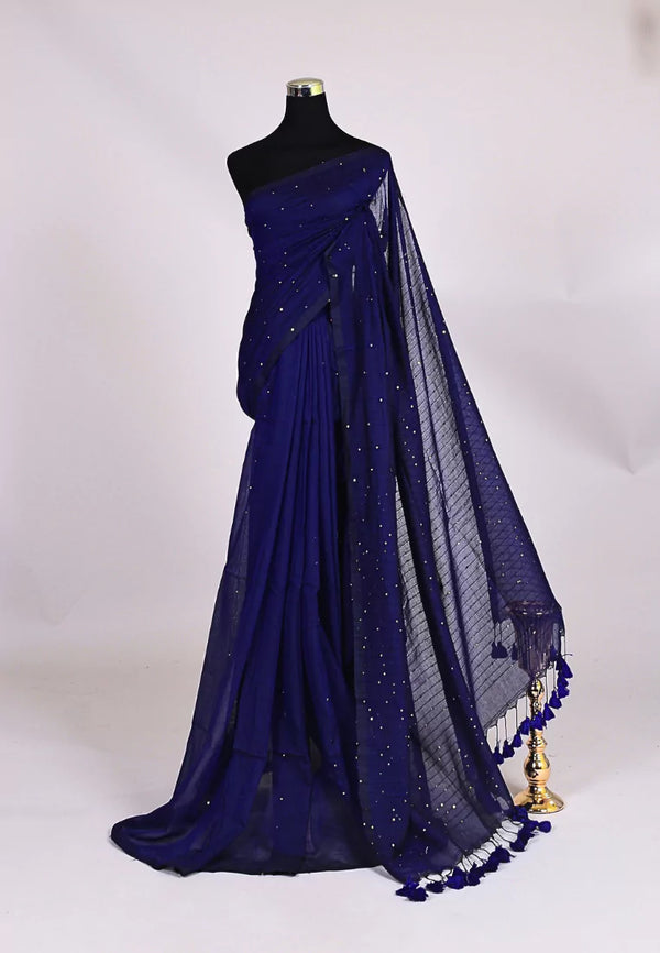 Navy-Blue Handspun Pure Cotton Sequin Stitched Body Bengal Saree