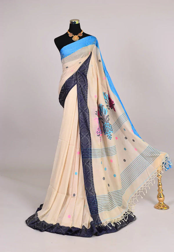 Off-White Blue Handloom Mercerised Pure Cotton Double Border Grand Pallu Thread Woven Body Bengal Saree