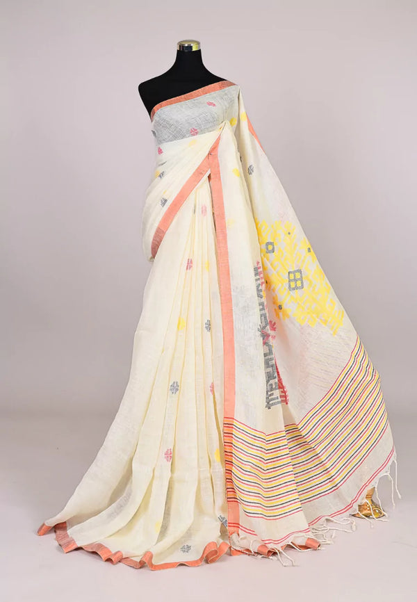 Off-White Handloom Linen Plain Body Thread Pallu In Contrast Bengal Saree